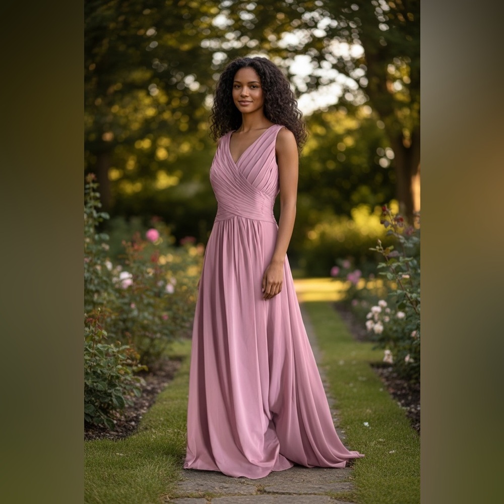 Azazie Dusty Rose Chiffon Bridesmaid Dress Pleated V Neck Maxi Small
